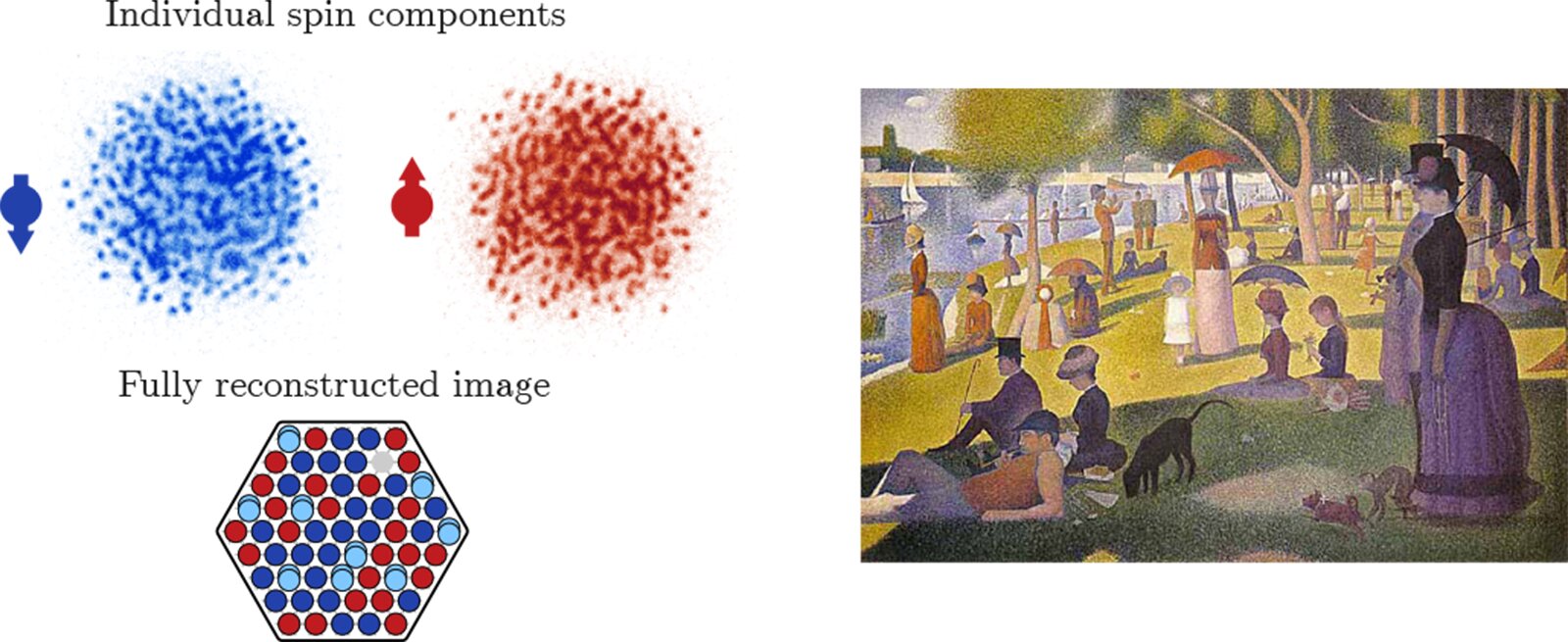 Similarly to George Seurat's pointillism ("A Sunday afternoon on the island of La Grande Jatte", right), in quantum pointillism complex pictures are created from colored points (left). From these pictures, the researchers can draw conclusions about the processes in the quantum system using theoretical calculations. Credit: Left : Prichard et al., 2024; Right: Keystone-SDA)